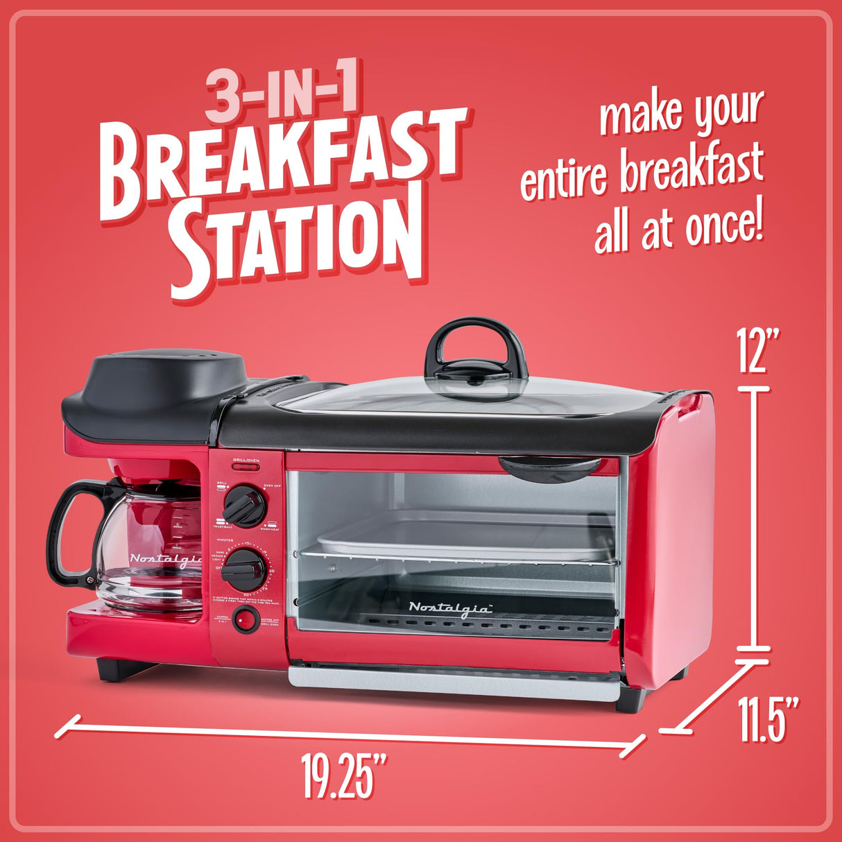 Nostalgia 3-in-1 Breakfast Station - Includes Coffee Maker, Non-Stick Griddle, and 4-Slice Toaster Oven - Versatile Breakfast Maker with Timer - Red Nostalgia