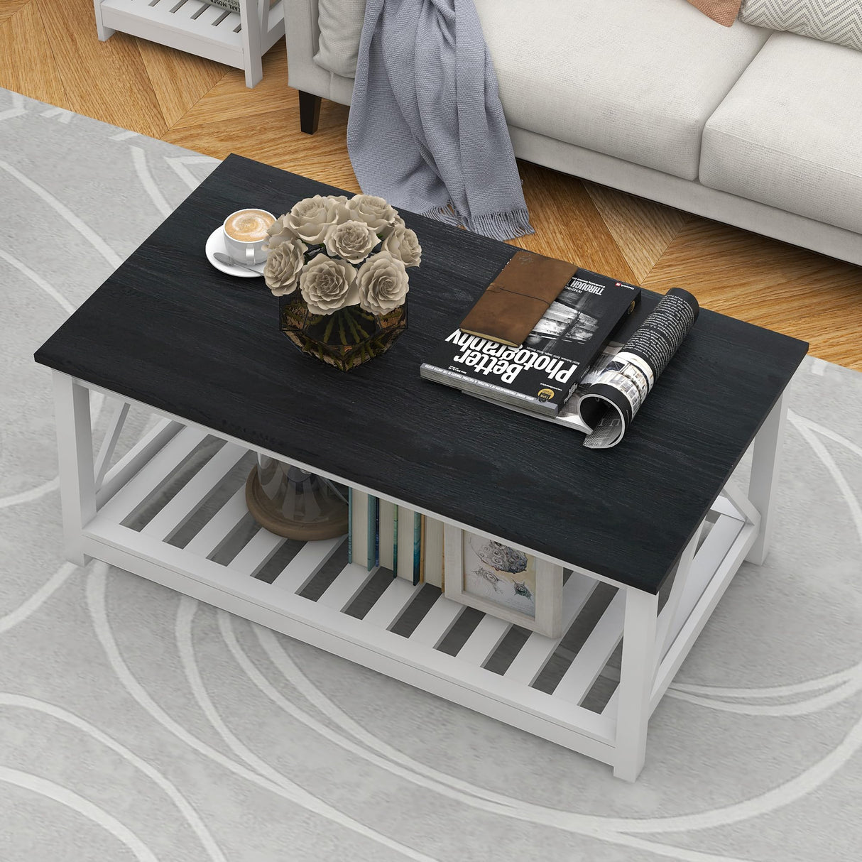 UYIHOME Farmhouse Coffee Table for Living Room, 2-Tier Rectangular Wooden Centre Cocktail Table with Slats Shelf Storage and V-Shaped Frame, Oak Blak UYIHOME