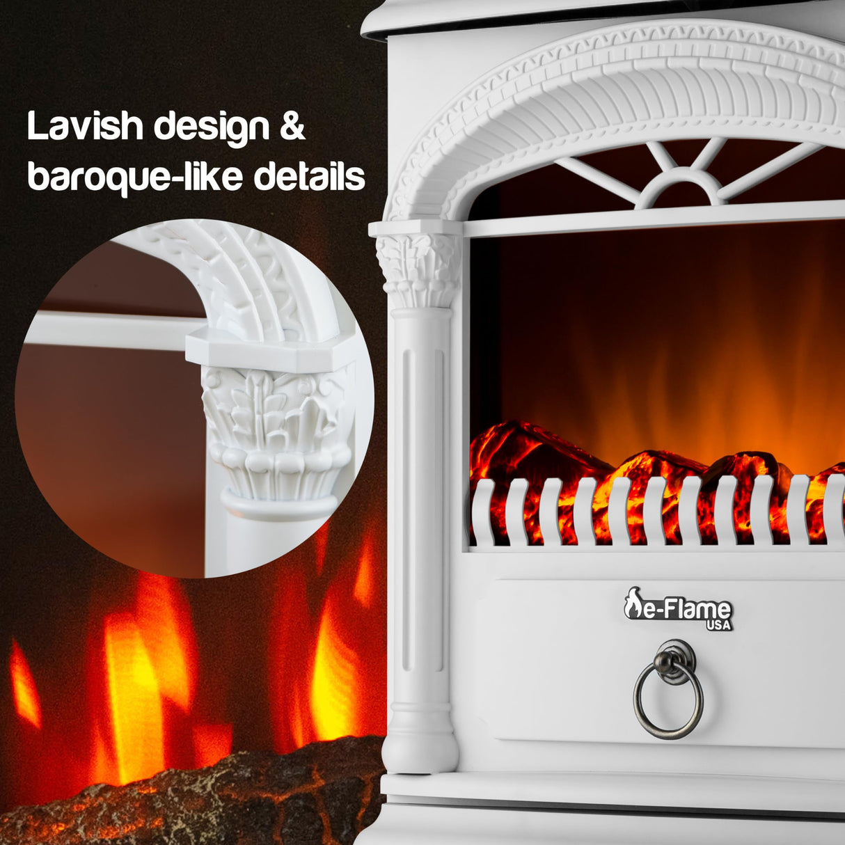 e-Flame USA Hamilton Indoor Compact Freestanding Electric Fireplace Space Heater - Realistic 3-D Wood Burning Flame (Winter White) e-Flame USA