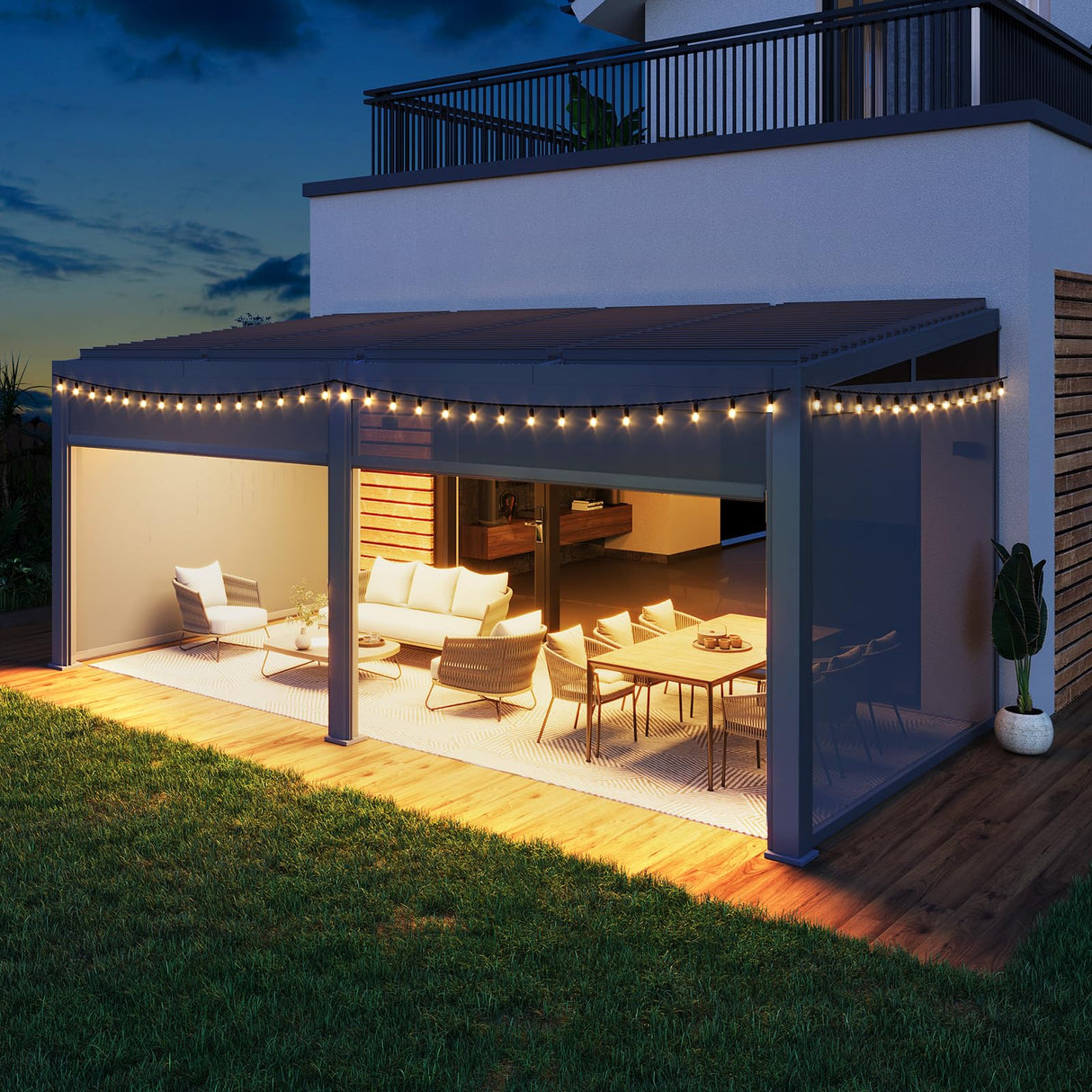 MELLCOM Louvered Pergola with Screen 10x20, Wall-Mounted Adjustable Pergola, Lean to Aluminum Gazebo with 4 Pull-Down Screen Sides and Adjustable Roof for Backyard, Dark Gray MELLCOM