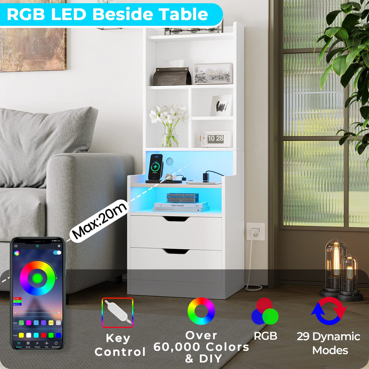 Modern LED Tall Nightstand Set of 2 with Charging Station and Storage, White ADORNEVE