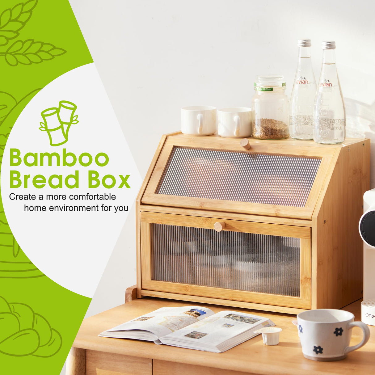 BMOSU Large Bread Box for Kitchen Countertop,Double Layer Bread Box for Kitchen Counter,Bamboo Wood Bread box Capacity Bin Kitchen Storage(Natural) BMOSU