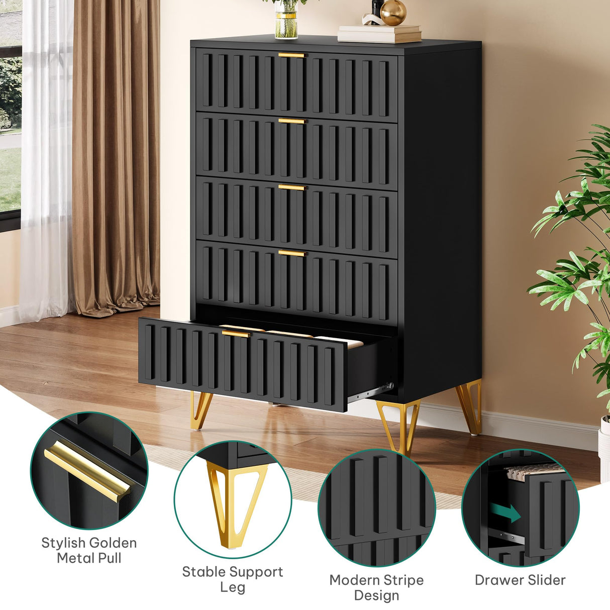 YITAHOME Fluted Dressers, 5 Drawer Dressers & Chests of Drawers, Metal Modern Dresser for Room, Entryway, Hallway, Black YITAHOME
