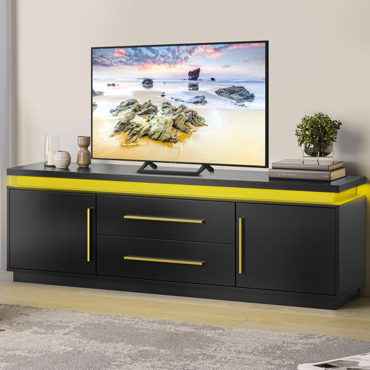 BELLEZE 67" TV Stand for TV up to 75", Modern Entertainment Center with LED Lights Change to Melody of Music, Media Console Table with Cabinets and Drawers for Living Room, Bedroom - Studio (Black) BELLEZE