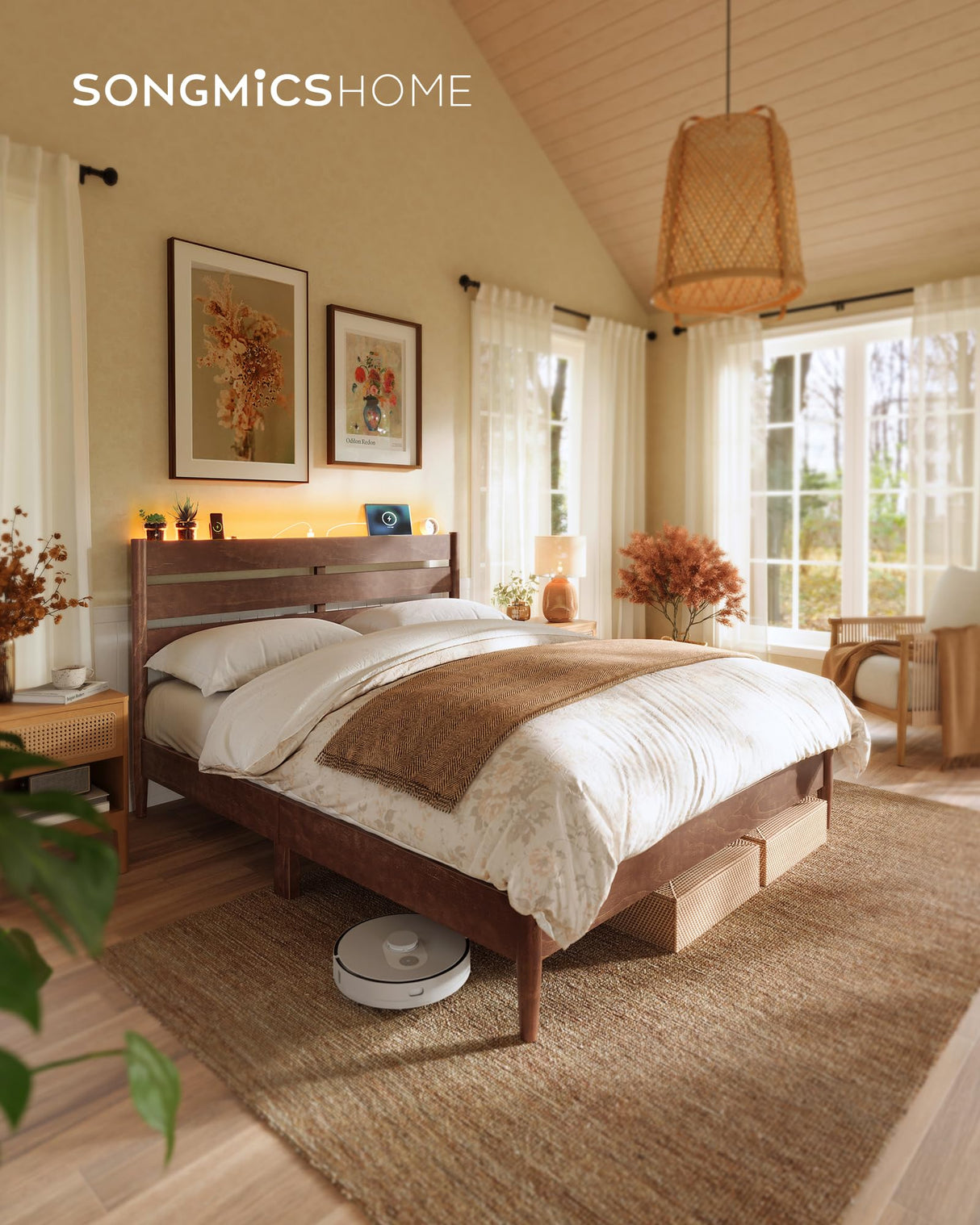 SONGMICS HOME Queen Bed Frame with Solid Wood Legs Slats, Platform Bed with Headboard, LED Lights, Charging Station, Mid-Century Modern Style, No Box Spring Needed, Coffee Brown URMB411K02 SONGMICS HOME