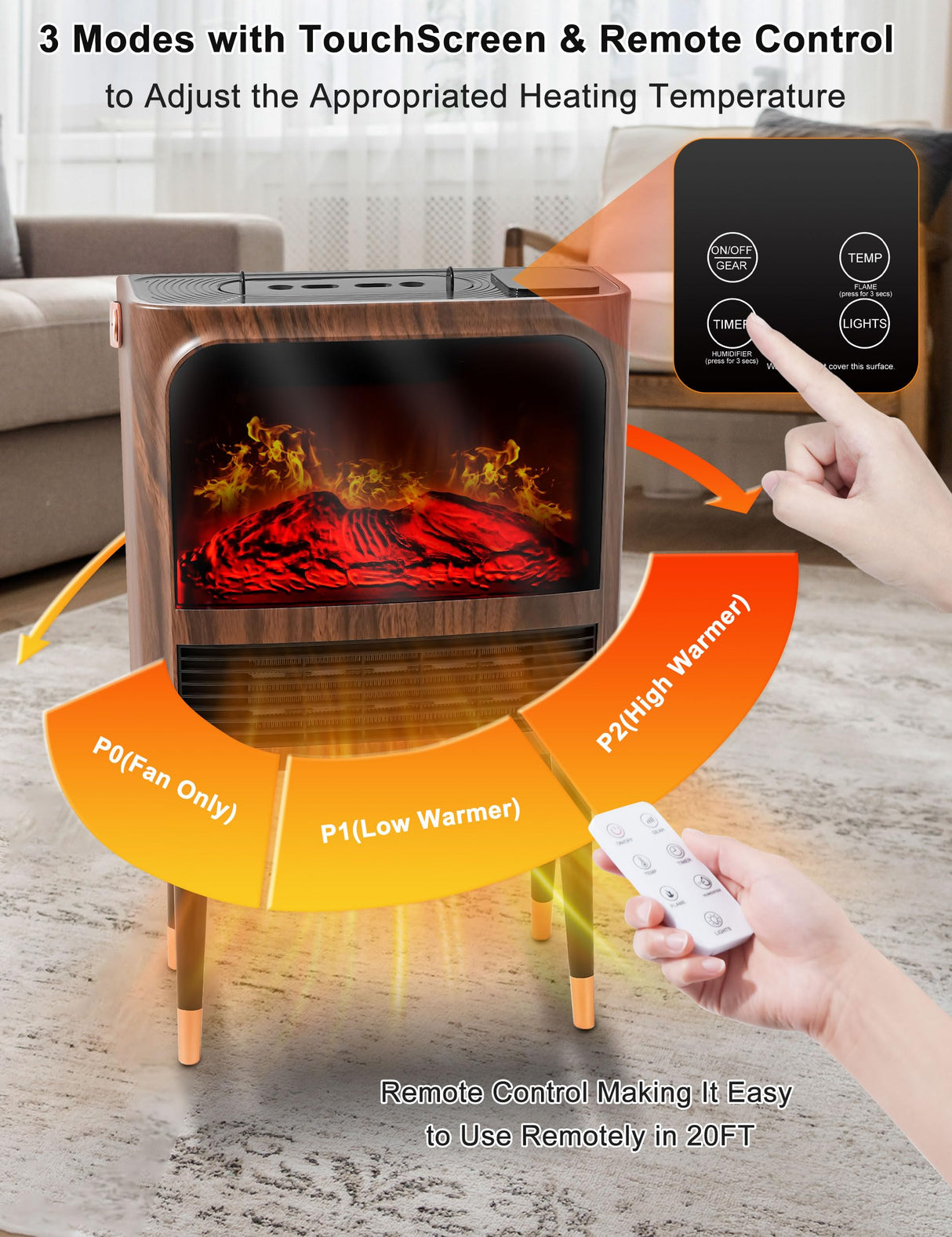 Electric Fireplace Heater with 3D Realistic Flame, Humidifier, Thermostat, Safety Protection, Remote Control, Timer, Electric Space Heater, 1500W/750W Portable Fireplace Heater for Indoor Use FOFOJÔY