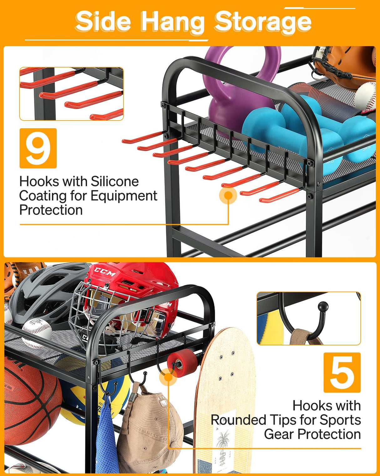 EXTCCT Garage Sports Equipment Organizer - Rolling Ball Storage Bin with Wheels, Garage Sports Gear Rack Outdoor Basketball Racks for Balls with Baseball Bat Holder and Hooks, Toy Organizer EXTCCT