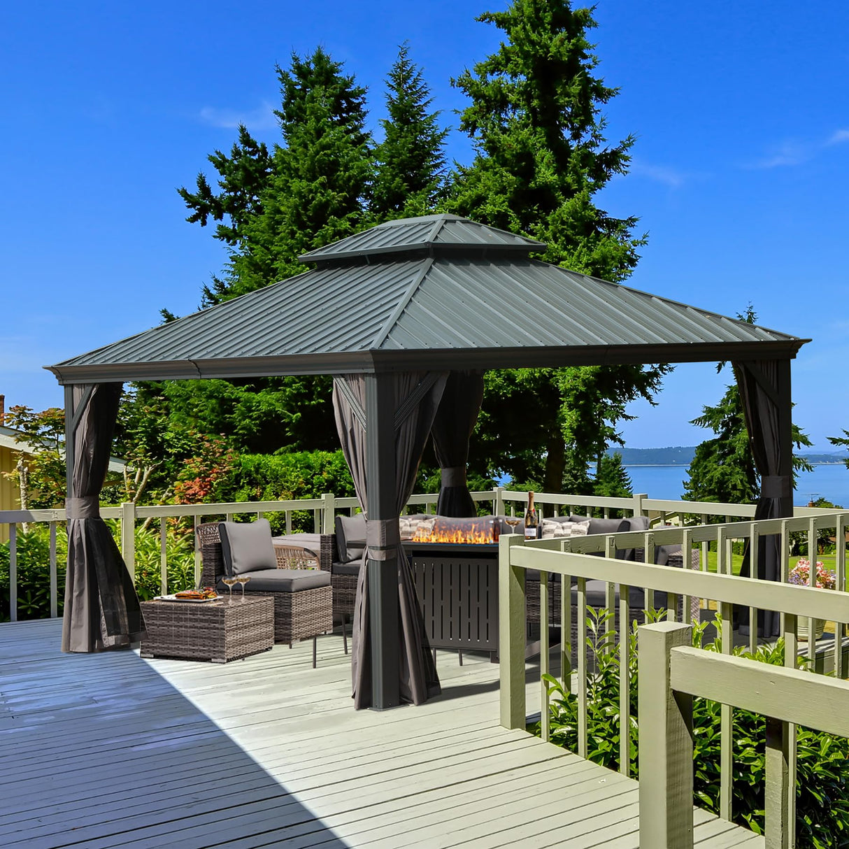 Domi Hardtop Gazebo 12x14FT, Outdoor Gazebo with Galvanized Steel Double Roof, Aluminum Frame, Built-in Gutter System, Curtain and Netting, Metal Gazebo Pavilion for Patio Deck Garden, Grey domi outdoor living