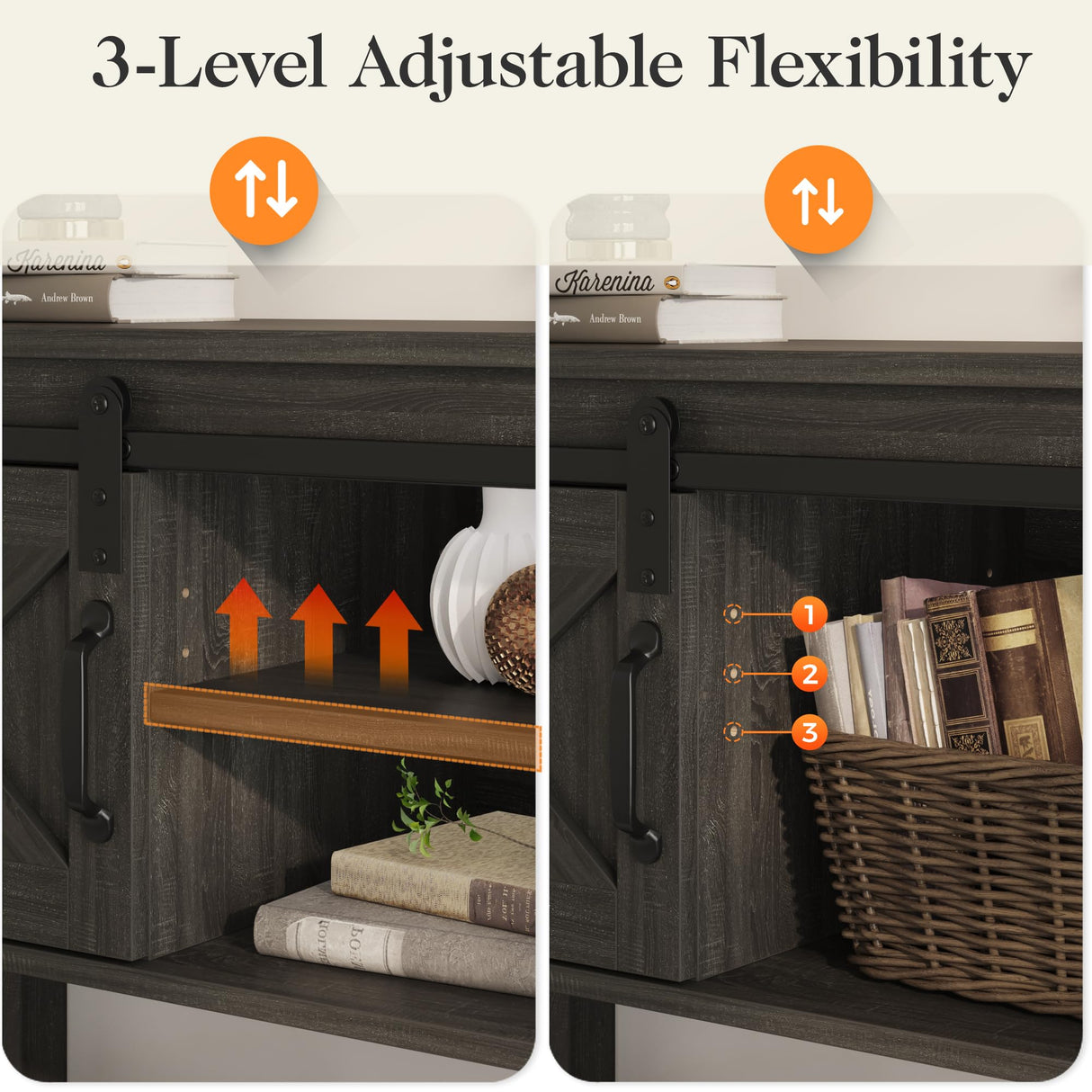 RoyalCraft Farmhouse Entryway Table with Storage, 46" Console Table with Sliding Barn Door, Wood Rustic Sofa Table with Adjustable Shelf for Hallway, Living Room, Foyer, Dark Grey RoyalCraft