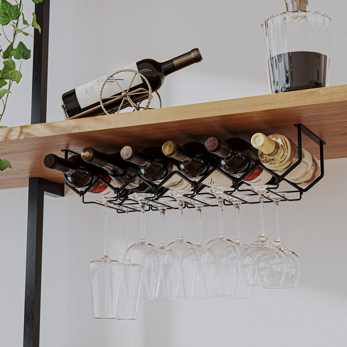 Wallniture Piccola Under Cabinet Wine Rack & Glasses Holder, Kitchen Organization with 6 Bottle Organizer Metal Black Wallniture