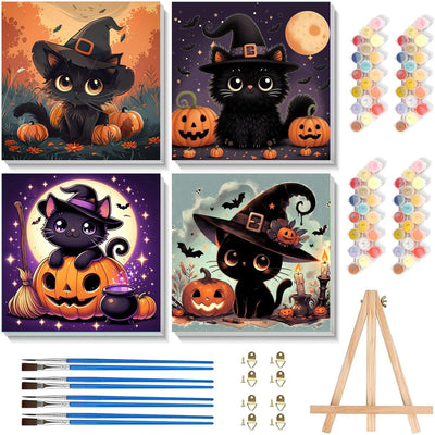 cviokrdu 4 Pack Paint by Numbers Kit for Kids with Frame-Wooden Easel, Halloween Paint by Numbers for Kids Ages 4 8 12, Easy Black Cat Acrylic Oil Painting Kits for Home Wall Decoration 8x8 inch