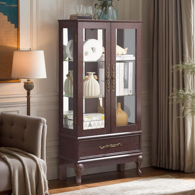 CKEASEAN Lighted Curio Cabinet, 52" H Glass Display Cabinet with Adjustable Shelves, China Cabinet with Tempered Glass Doors for Living Room, Light Blub Included (Dark Cherry)