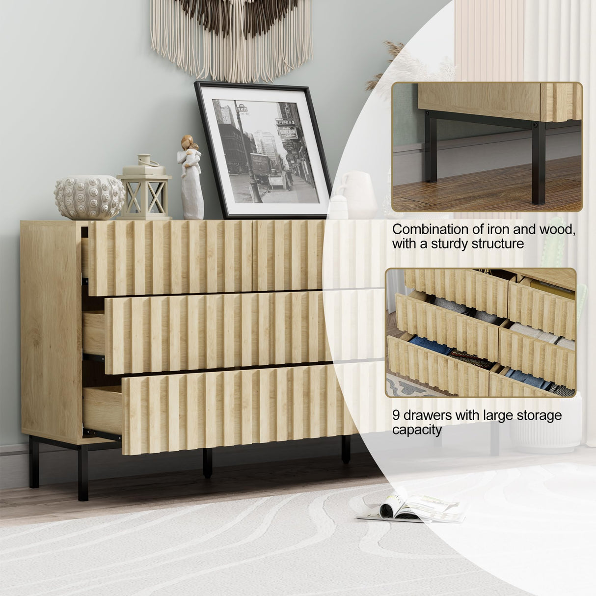 UEV 59" Long Fluted Dresser for Bedroom, Mid Century Wooden 9 Drawer Dresser, Accent Modern Chest of Drawers TV Stand for Bedroom, Hallway (Ivory White) UEV