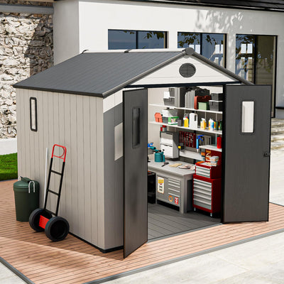 INTER HUT 8x6 Resin Outdoor Storage Shed with Floor, Plastic Tool Shed for Gardening, Patio, and Deck, White/Gray