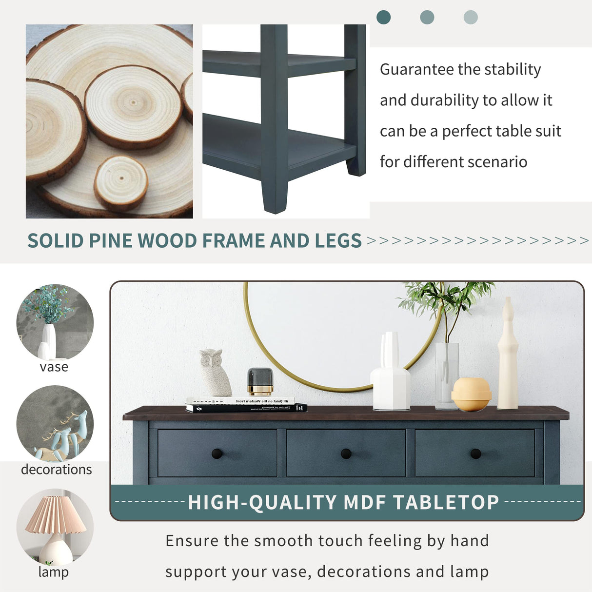 Knocbel Entryway Console Table with 3 Drawers and Open Shelves, Entry Hallway Foyer Sofa Long Table, 220lbs Weight Capacity, 50" L x 16" W x 30" H (Navy) Knocbel