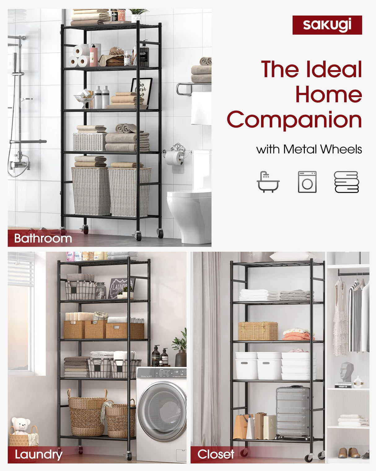 Sakugi Storage Shelves Organizer - 5 Tier Metal Shelf Organizer with Metal Wheels and Adjustable Leveling Feet, Heavy Duty Garage Shelving for Kitchen, Pantry and Closet, 33.1"x12.6"x73.5", Black Sakugi