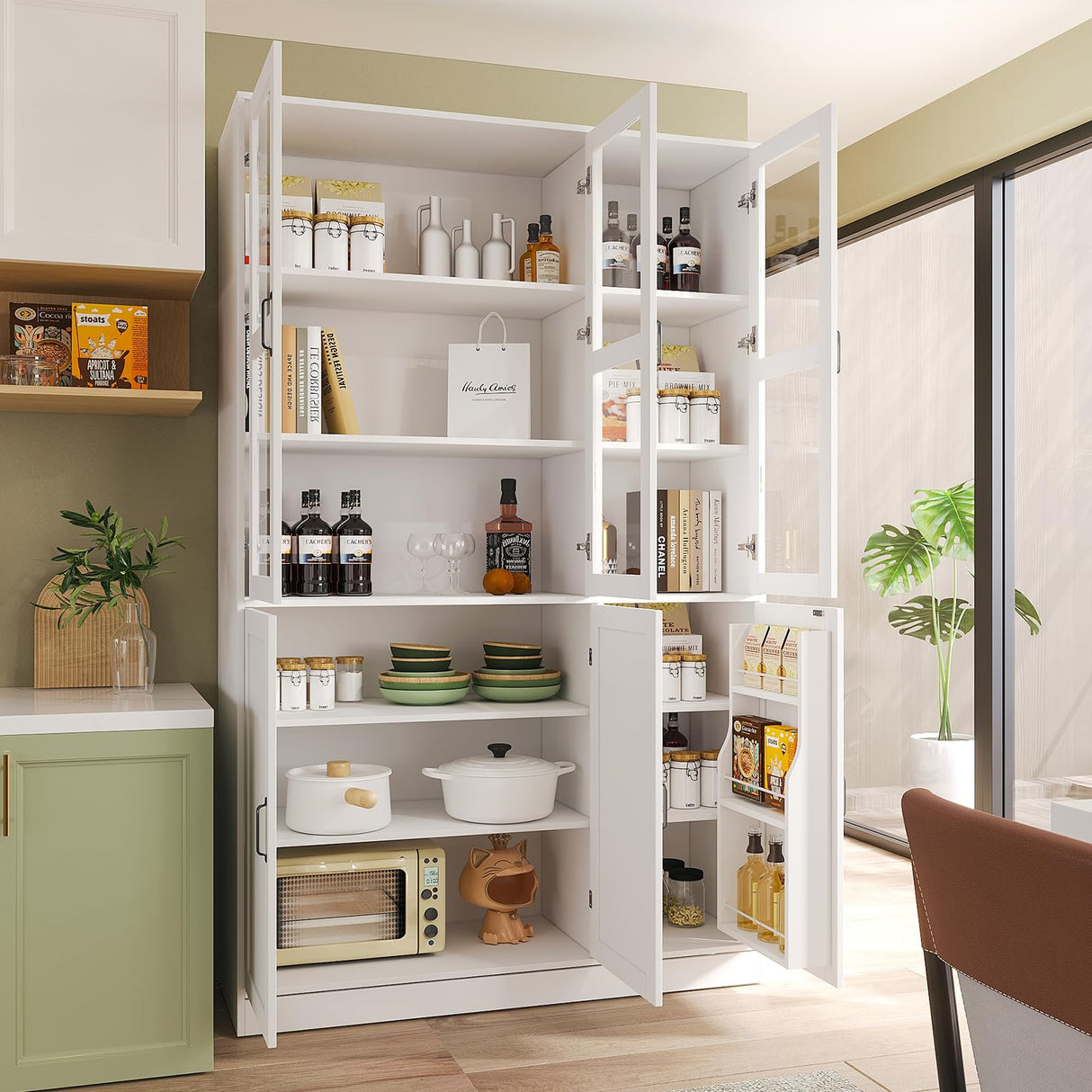 VOWNER 78.7'' Tall Large Bookcase with Glass Doors, Bookshelves Storage Cabinet with Door Shelves, Freestanding Display Organizer for Living Room, Home Office, White VOWNER