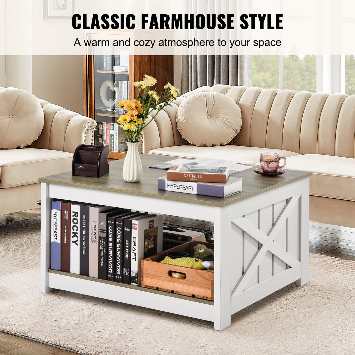 VEVOR 31.5" Farmhouse Coffee Table, Square Coffee Table with Open Storage Compartment, Wooden Rustic Cocktail Table for Living Room, Bedroom, Apartment, Studio, Grey & White VEVOR