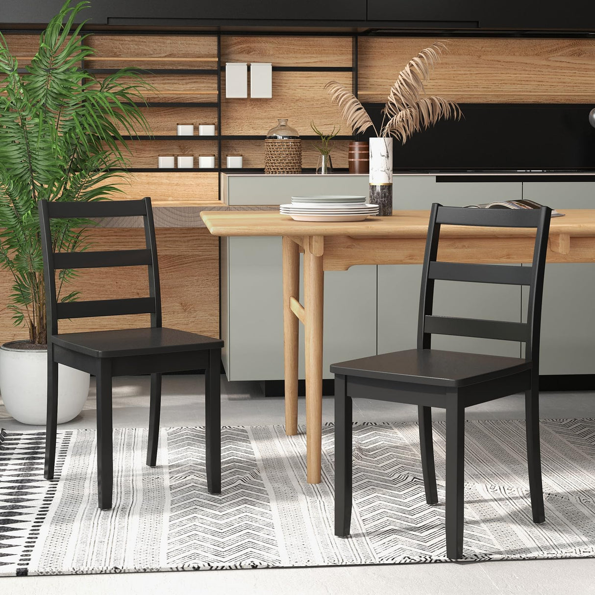Giantex Wood Dining Chairs Set of 2 Black- Wooden Armless Kitchen Chairs with Solid Rubber Wood Legs, Non-Slip Foot Pads, Max Load 400 Lbs, Farmhouse Style High Ladder Back Wooden Dining Room Chairs Giantex