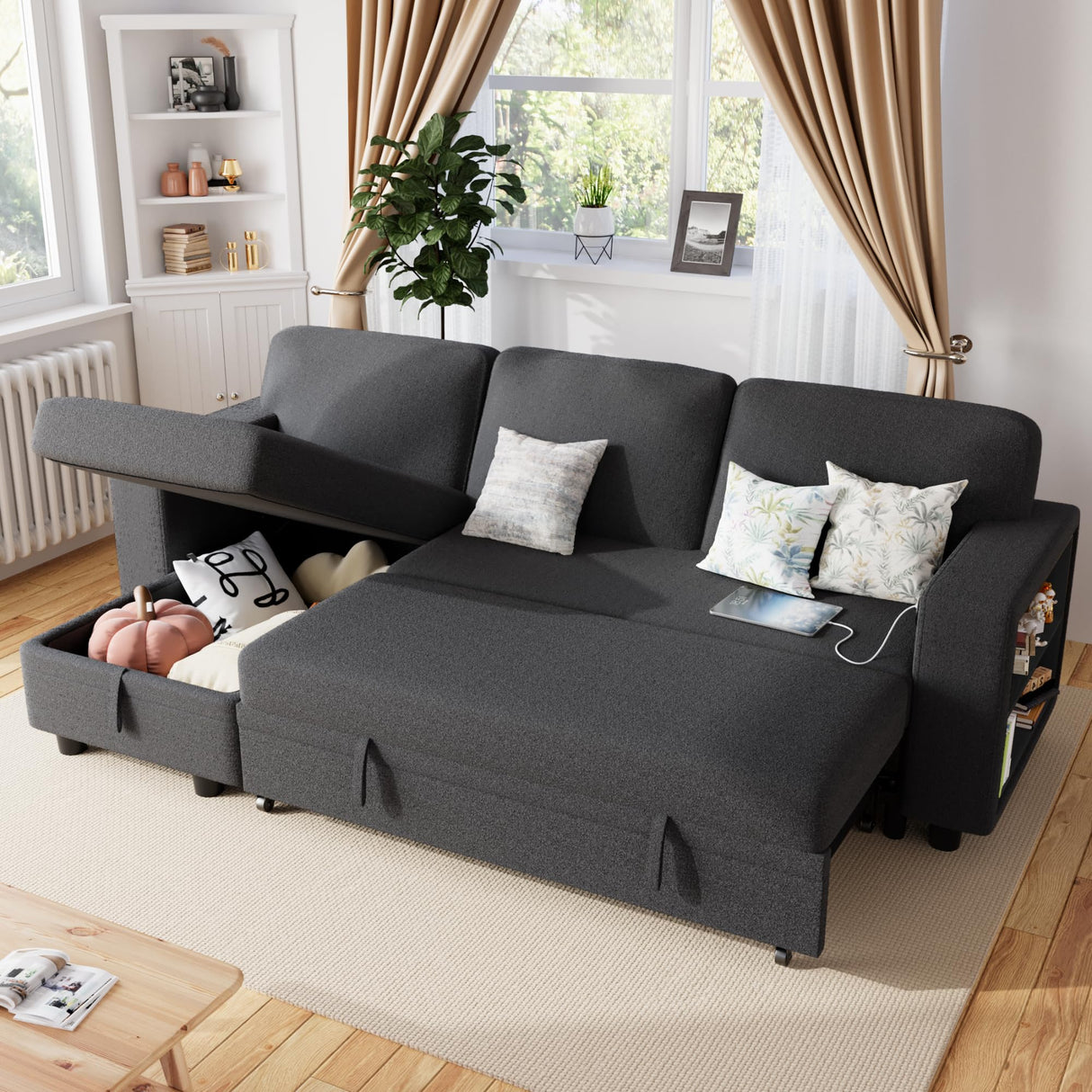 Furmax 80″ Sleeper Sofa Couch with Pull Out Bed L Shaped Sleeper Sofa with Storage Chaise, USB Charging Ports & 2 Built-in Bookshelves 3-Seat Sectional couches for Living Room (Fabric, Grey) Furmax