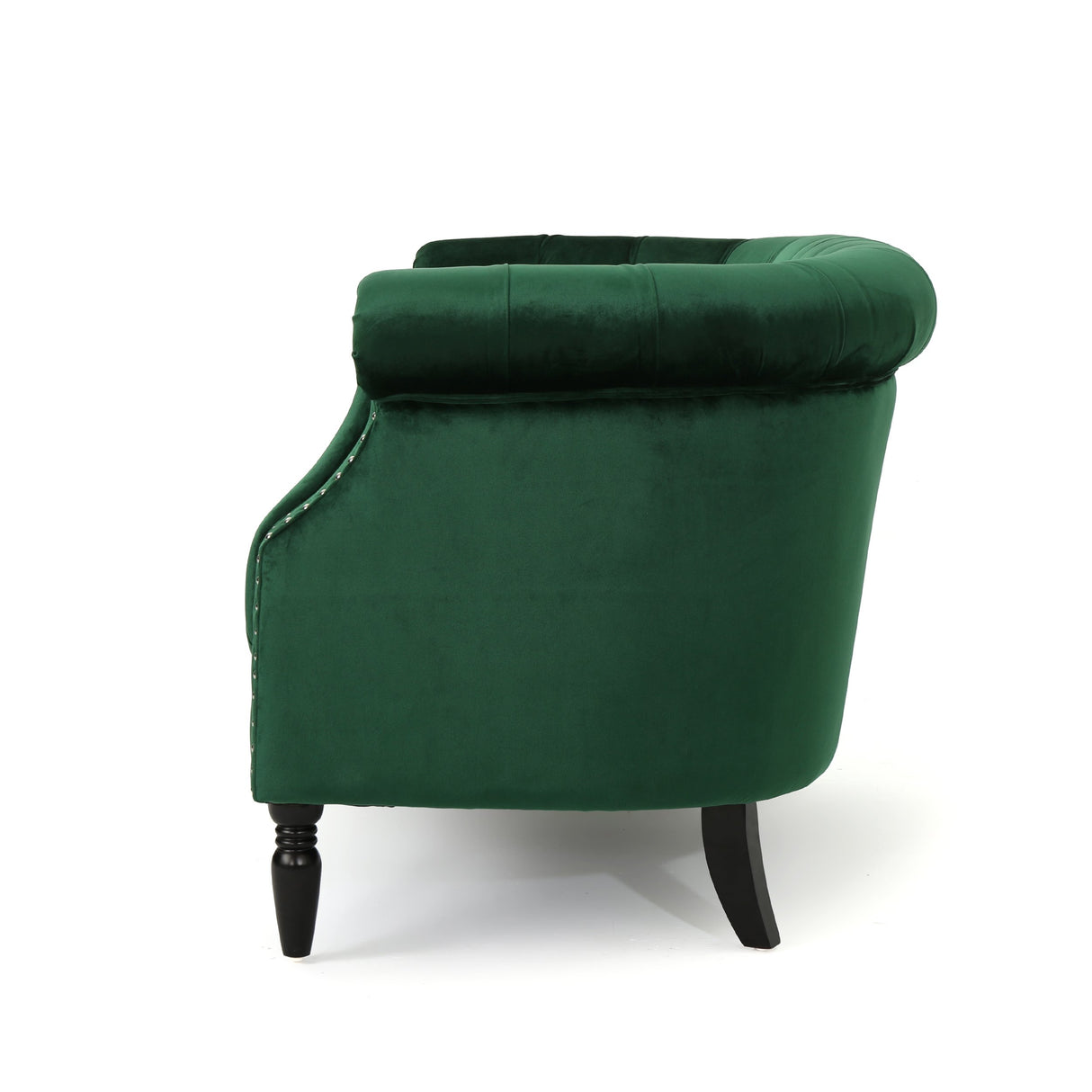 GDFStudio Melaina Tufted Chesterfield Velvet Loveseat with Scrolled Arms, Emerald and Dark Brown. GDFStudio