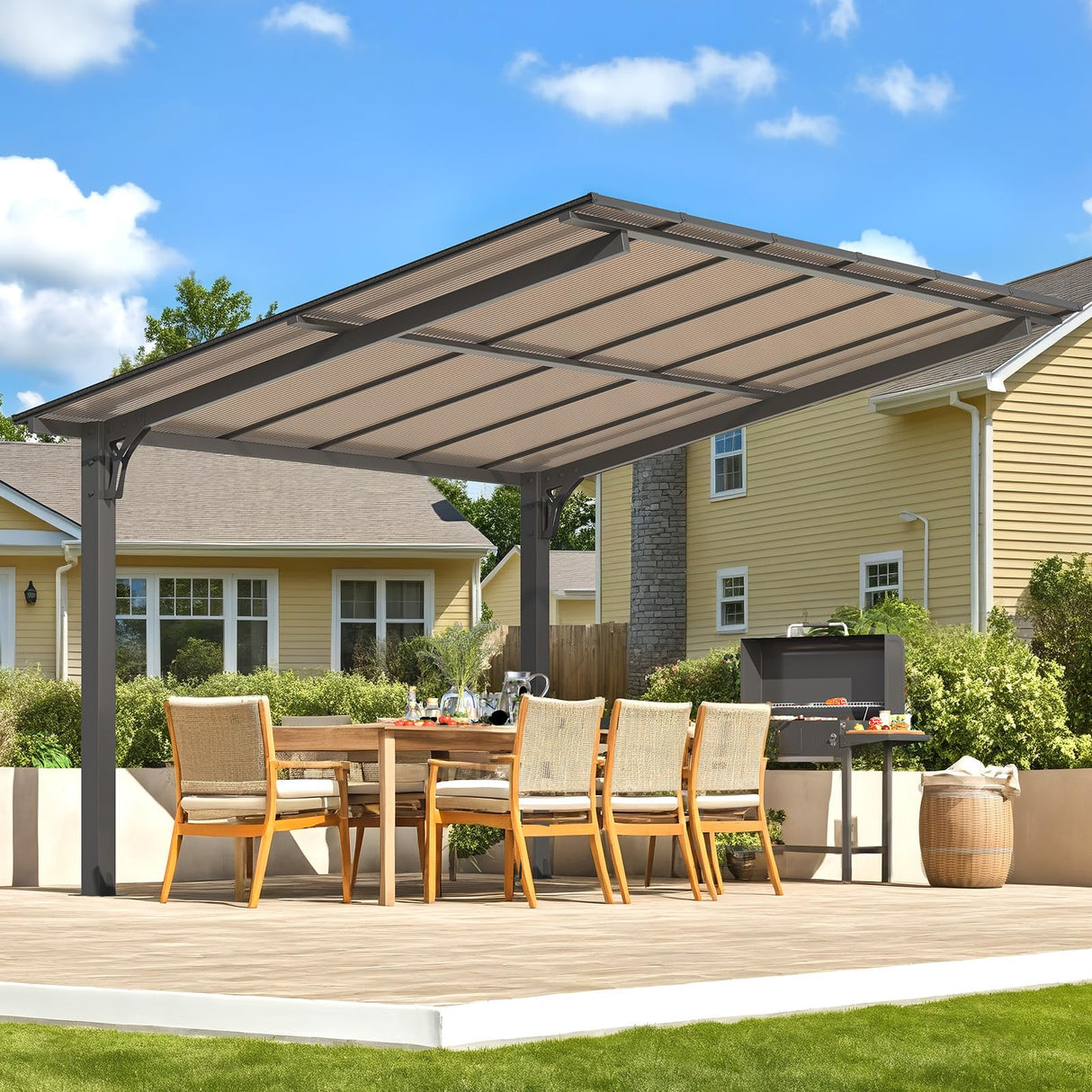 AECOJOY 12' x 10' Gazebo, Outdoor 10x12 Pergola Carport for Patio, Freestanding Lean to Hardtop Gazebo, Pergolas and Gazebos Clearance with Roof, Wall-Mounted Heavy Duty Metal Awnings for Patio, Decks AECOJOY