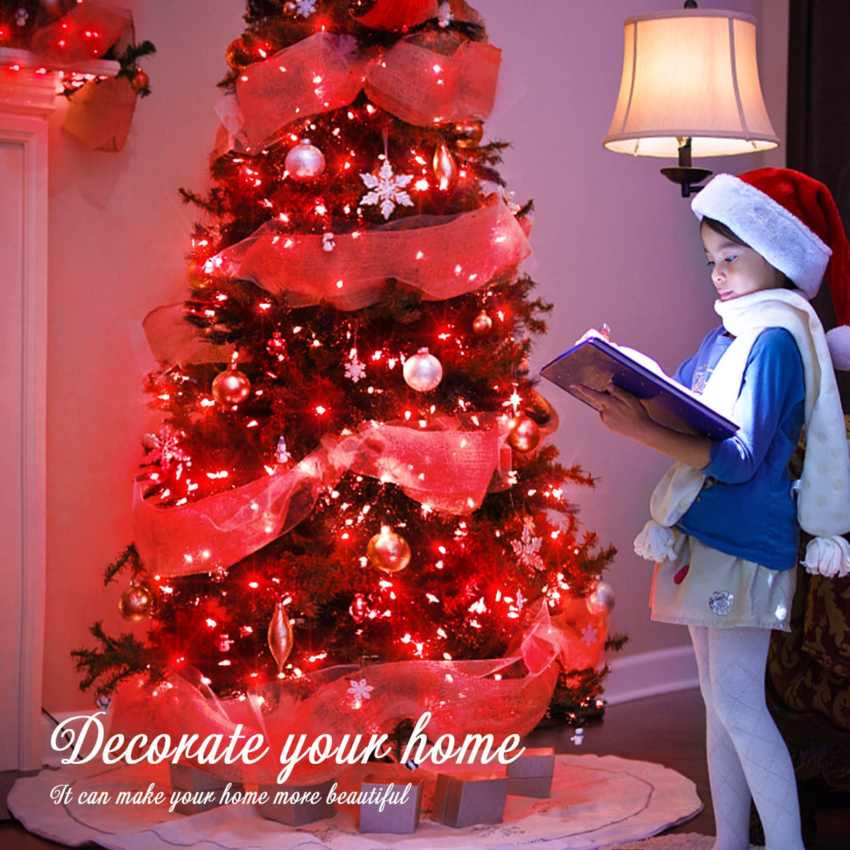 JMEXSUSS Red Christmas Decor Lights Clear Wire, 66ft 200 LED Red Christmas String Lights Outdoor Indoor, 8 Modes Red String Twinkle Fairy Lights Plug in for Christmas Tree Room Party Xmas Decorations JMEXSUSS