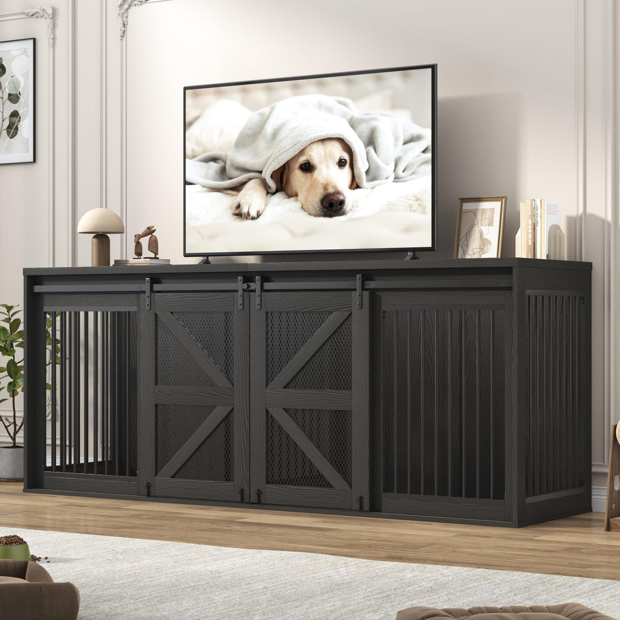 87In Farmhouse Dog Crate TV Stand, Wooden Dog Kennel Furniture with Sliding Metal Mesh Barn Door, Large Dog Crate Furniture for 2 Dogs, Solid Metal Tube & 2 Lockable Doors, Black jiteentarou
