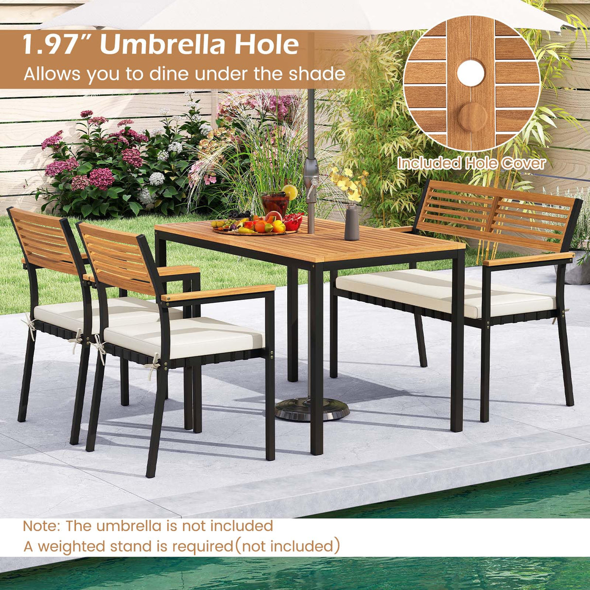 Toolsempire 4 Pieces Patio Dining Table Set, Outdoor Rectangle Table w/Loveseat & 2 Stackable Chairs, Cushions, Umbrella Hole, Acacia Wood Armrests & Tabletop, Dinette Furniture for Backyard Garden Toolsempire