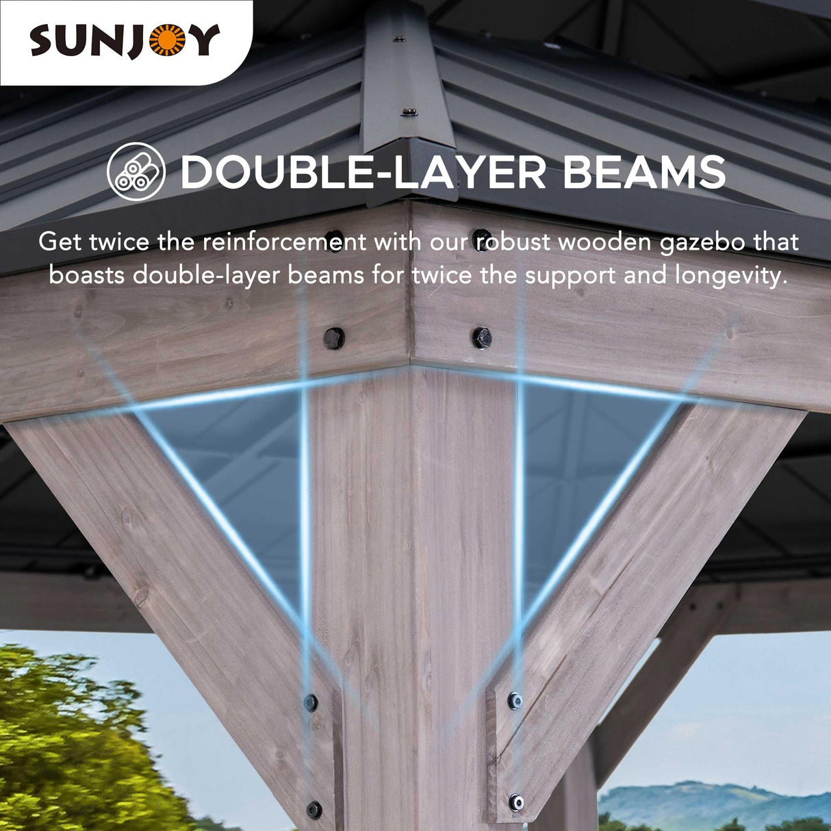 Sunjoy 13 x 15 ft. Wood Gazebo, Outdoor Patio Steel Hardtop Gazebo, Cedar Framed Wooden Gazebo with 2-tier Metal Roof, Suitable for Patios, Lawn and Backyard, Matte Black Roof + Gray Wood Frame Sunjoy