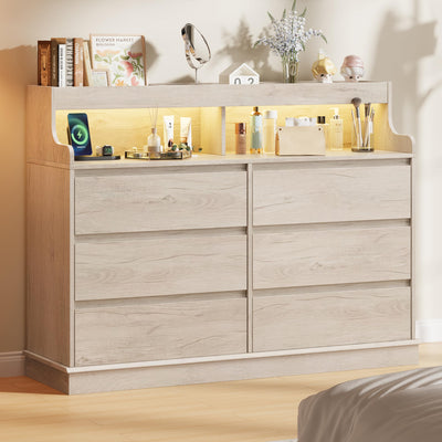 Dresser for Bedroom, 6 Drawer Dresser with LED Lights and Charging Station, Wide Chest of 6 Drawers with Open Space, Modern Large Capacity Storage Cabinet, Living Room, Hallway, Oak