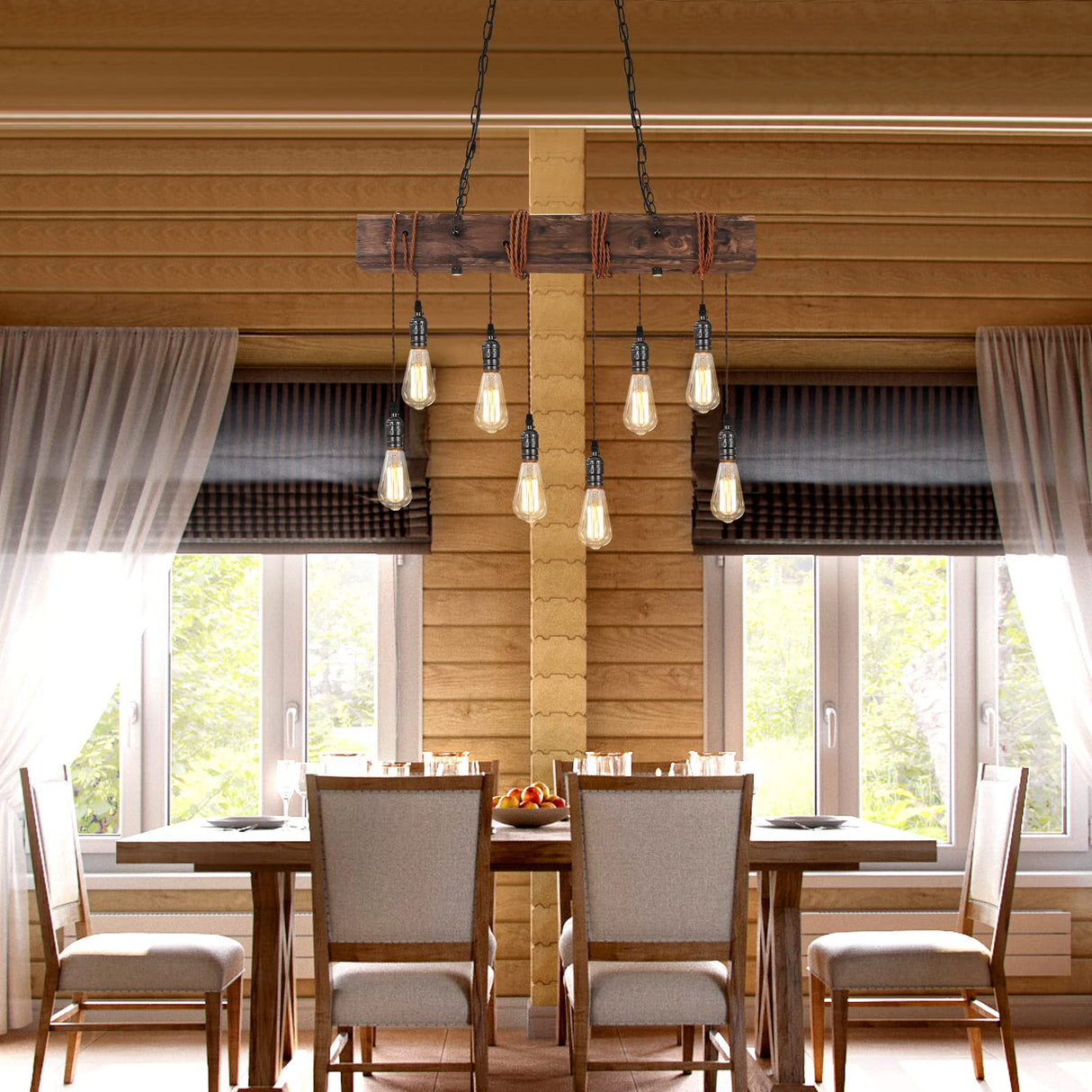 KEESFU 8-Lights Rustic Chandeliers for Dining Room, Farmhouse Wooden Ceiling Pendant Light, Height Adjustable, Rectangle Chandelier for Kitchen Island Dining Room Bar Pool Table Cabin. KEESFU