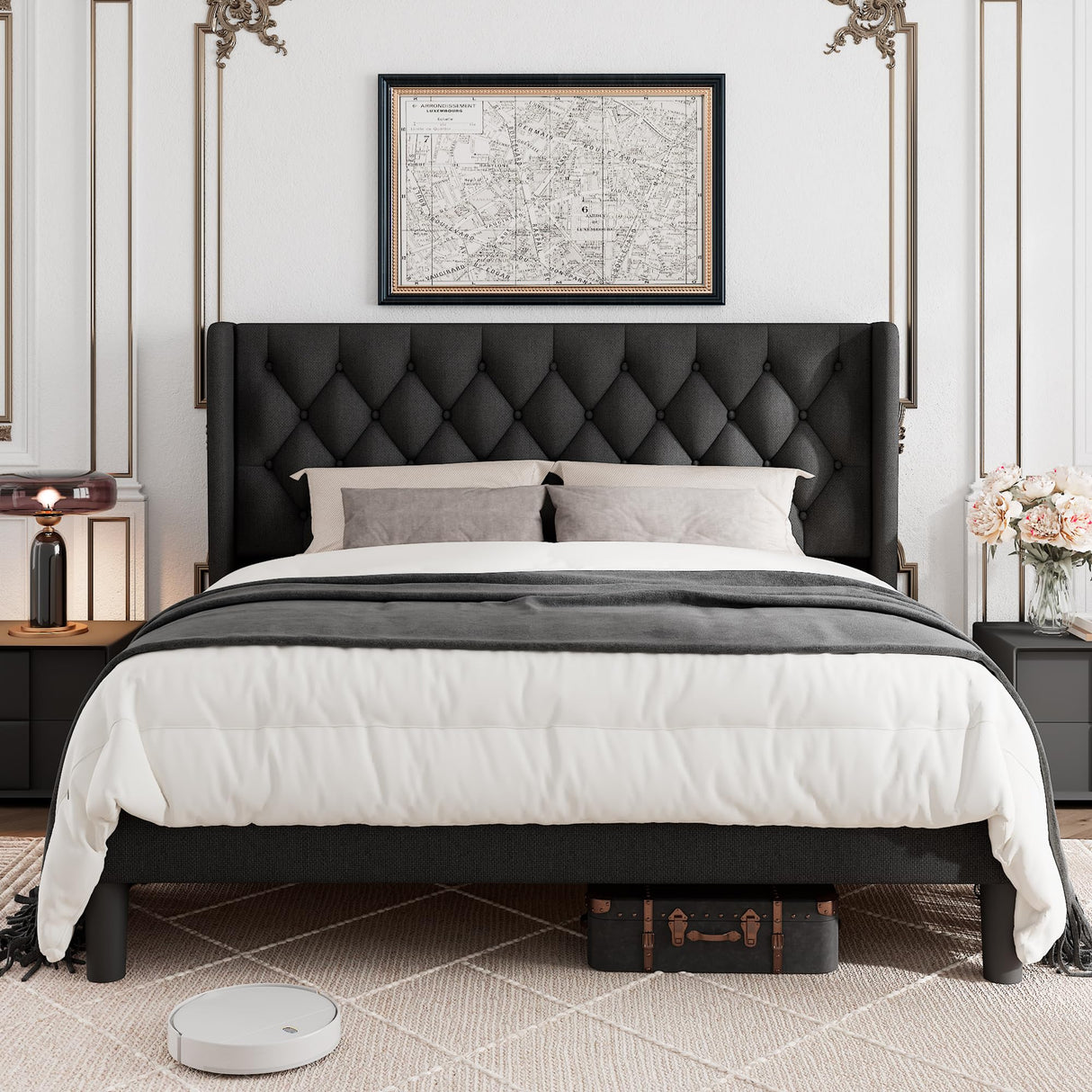 GalnFu King Size Bed Frame with Button Tufted Headboard, Upholstered Platform Bed Frame with UnderBed Storage, Wooden Slats Supports, Noise Free, No Box Spring Needed, Easy Assembly, Black GalnFu