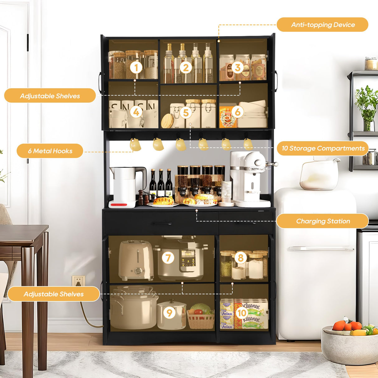 Grepatio 71" Kitchen Pantry Cabinet, Pantry Cabinet with Charging Station, Storage Cabinets with Door, Adjustable Shelves and Hooks, Farmhouse Kitchen Hutch for Dining Room, Living Room (Black) Grepatio