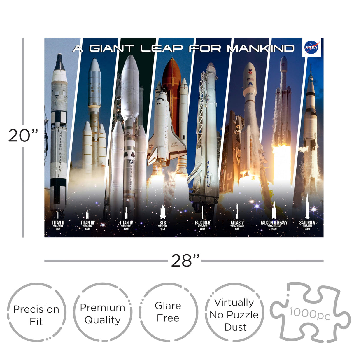 AQUARIUS NASA Rocket Grid Puzzle (1000 Piece Jigsaw Puzzle) - Glare Free - Precision Fit - Virtually No Puzzle Dust - Officially Licensed NASA Merchandise & Collectibles - 20x28 in AQUARIUS