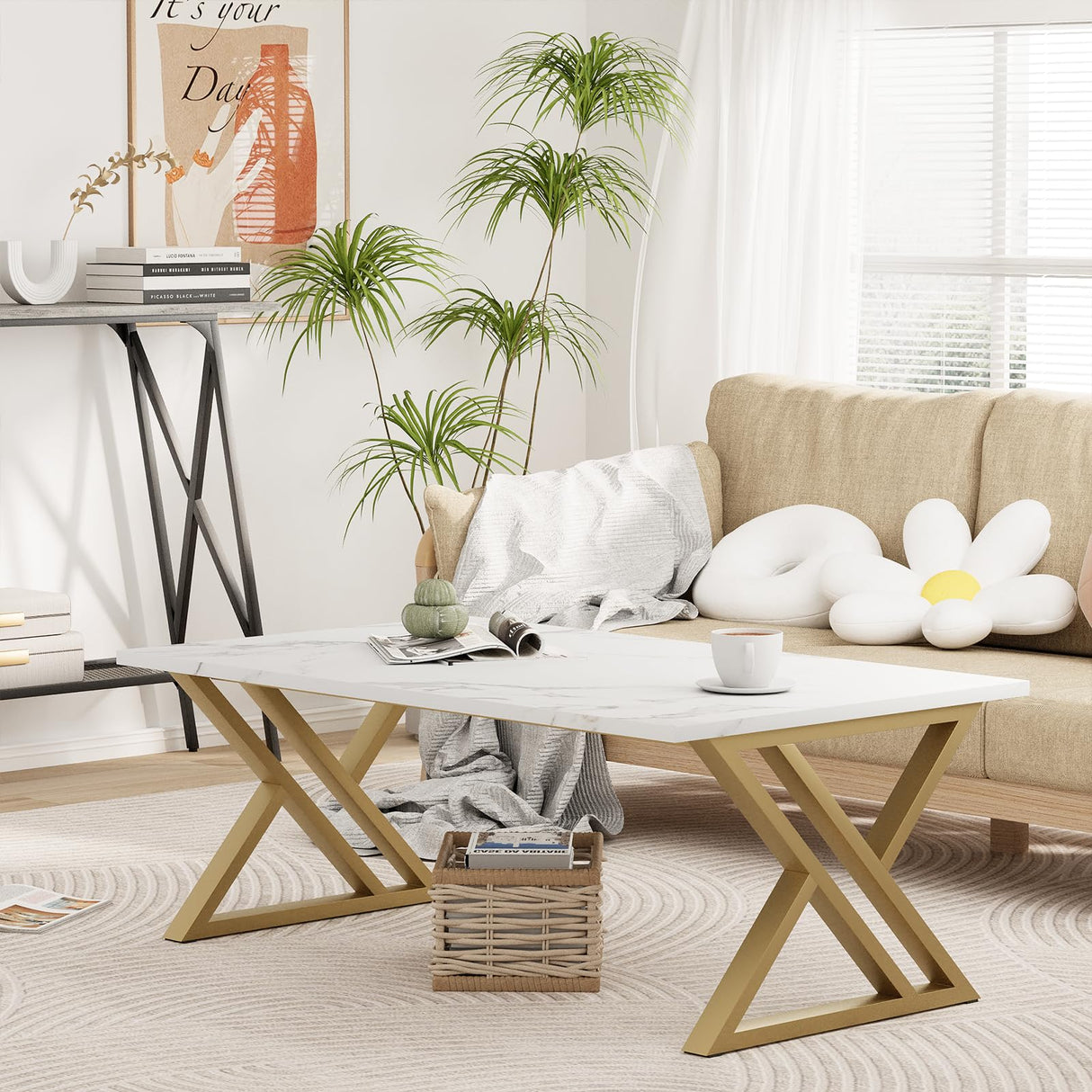 Wolawu Coffee Table Living Room Table White Center Table, Simple Modern Faux Marble Rectangular Tea Tables with Sturdy Gold Metal Frame,Industrial Wooden Coffee Table for Bedroom Home Office Wolawu