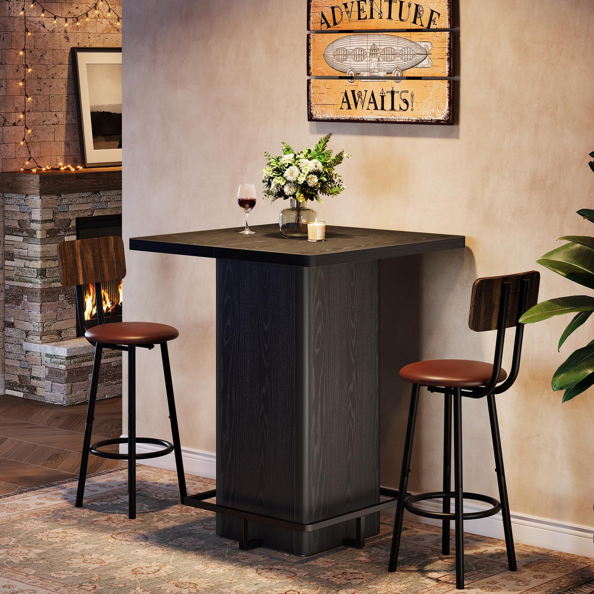 Tribesigns Bar Table, 39.37" High Wooden Square Bistro Pub Table with Metal Frame Footrest for Dining Coffee Cocktail Living Room, Small Space, Black Tribesigns
