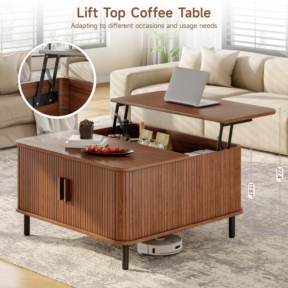 ONBRILL Lift Top Coffee Table with Large Hidden Compartment, Wood Square Coffee Table with Adjustable Footpads, Mid-Century Modern Lift Tabletop Dining Table for Living Room, Home Office, Walnut ONBRILL