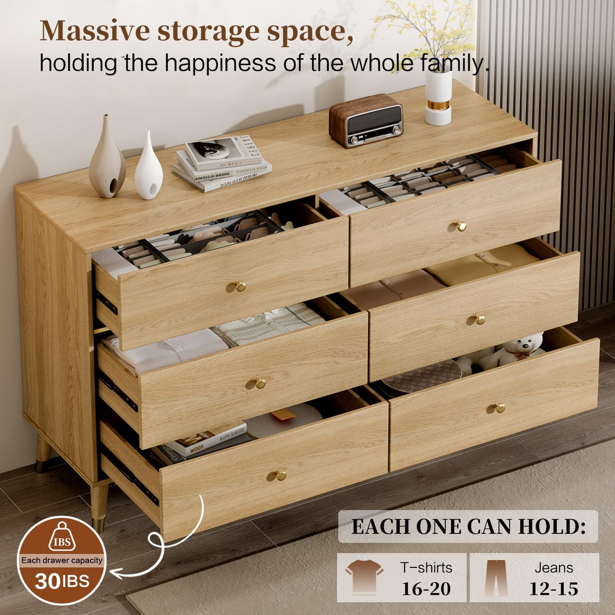 Chrangmay Dresser for Bedroom with 6 Drawers,47" Wide Modern Chest of Drawers with Metal Handle,Wooden Dresser TV Stand,Wood Closet Clothes Storage Organizer for Living Room,Hallway,Oak Chrangmay