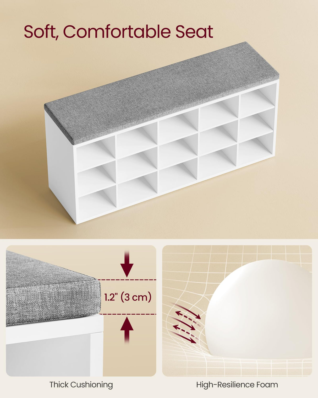 VASAGLE CUSTOS Collection - Shoe Bench, Storage Bench with Padded Seat, Entryway Bench with 15 Compartments, for Bedroom, 11.8 x 41.3 x 18.9 Inches, Cloud White and Dove Gray ULHS15WT VASAGLE