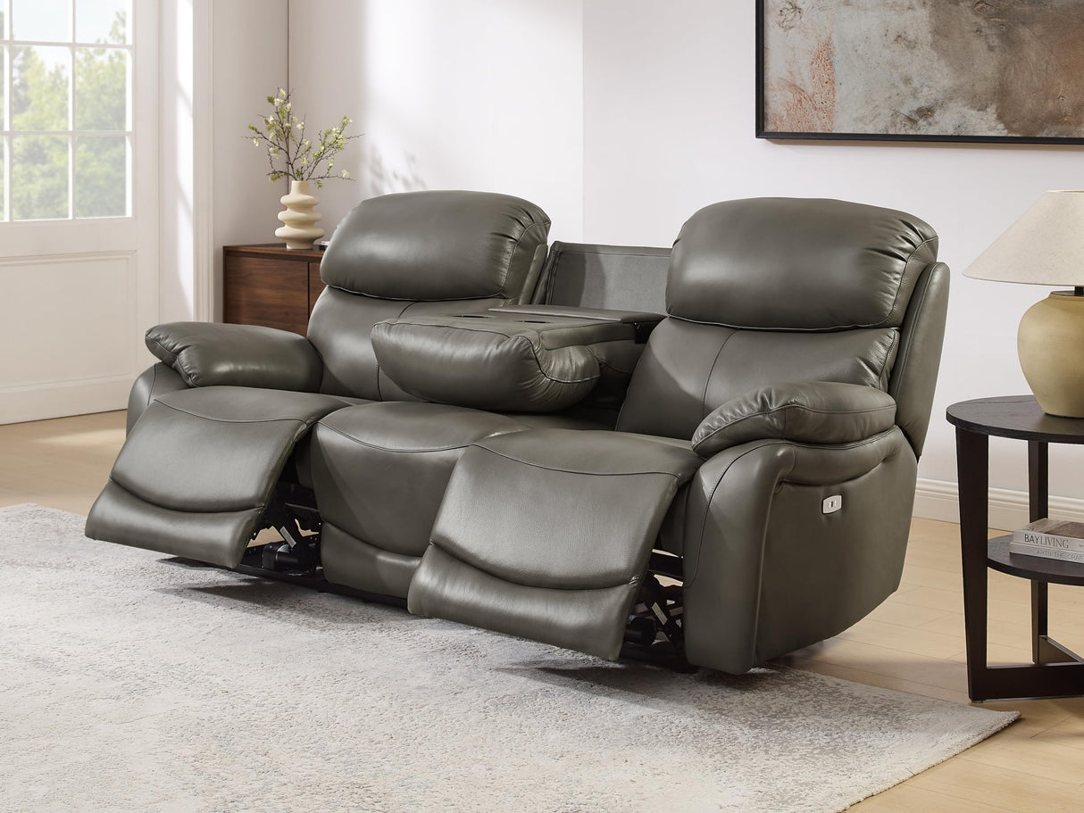 THSUPER Power Genuine Leather Recliner Sofa Couch with USB Port, Reclining Sofas Living Room Furniture, 3-Seats Couches with Cup Holders, Grey THSUPER