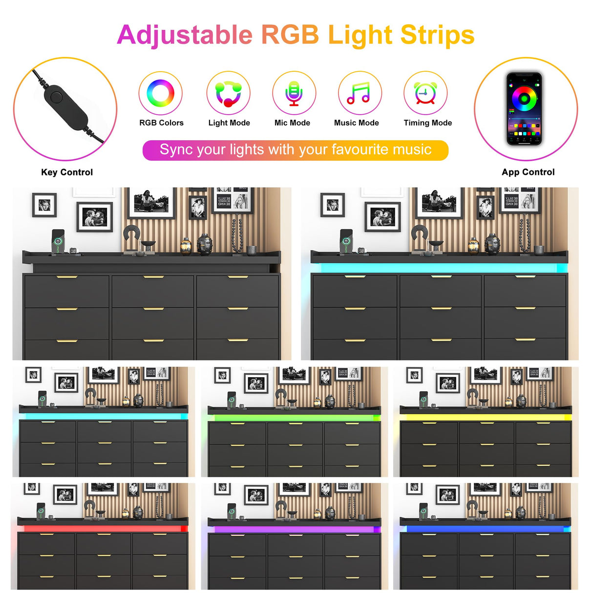 9 Drawer Dressers for Bedroom, Black Dresser with LED Lights and Power Outlet, Large Dresser Wooden Long Dresser, Double Wide Drawer Triple Dresser for Bedroom, Living Room, Entryway, Hallway knoworld