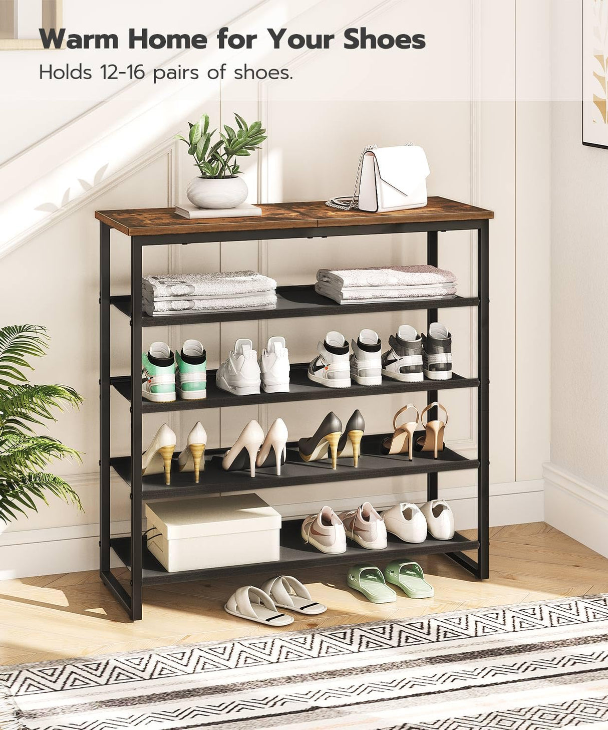 HOOBRO Shoe Rack, 5 Tier Shoe Storage Organizer with 4 Oxford Fabric Shelves and Top Panel, Holds 16-20 Pairs of Shoes, for Entryway and Closet, Industrial, Rustic Brown BF50XJ01 HOOBRO