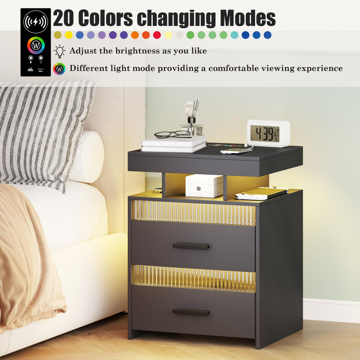 Nightstand with Charging Station and LED Lights, Night Stand with 2 Drawers, Wood Smart Bedside Table, Modern Bed Side Table for Bedroom, Grey QPLZF