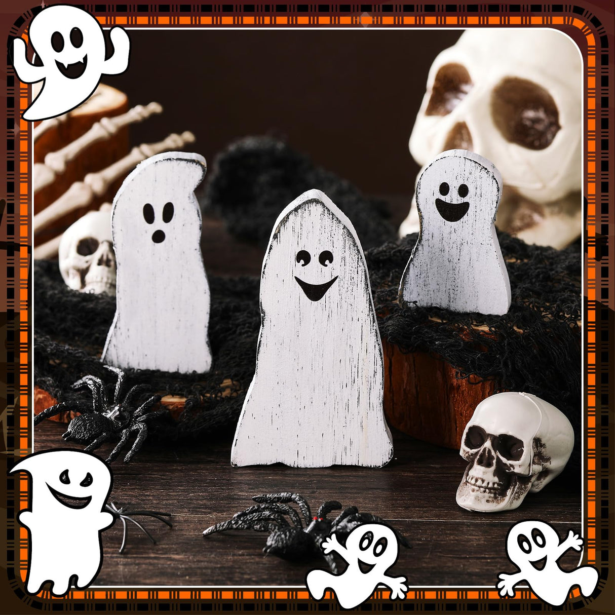 Suzile 3 Pcs Halloween Decor Wooden Ghost Sign Ghost Theme Table Centerpieces Cute Ghost Tiered Tray Decorations Rustic Farmhouse Ghost Sign for Halloween Fall Party Home Shelf Photo Prop Display Suzile
