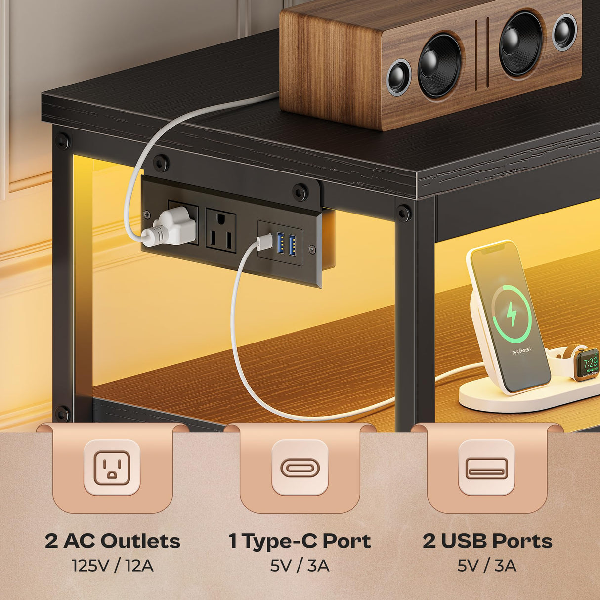 Huuger LED TV Stand for Bedroom, 47 Inch Dresser with Power Outlets, Entertainment Center for 55, 50, 43 Inch TV, 6 Drawer Dresser for Bedroom, Chest of Drawers with Open Shlef, PU Leather, Black Huuger