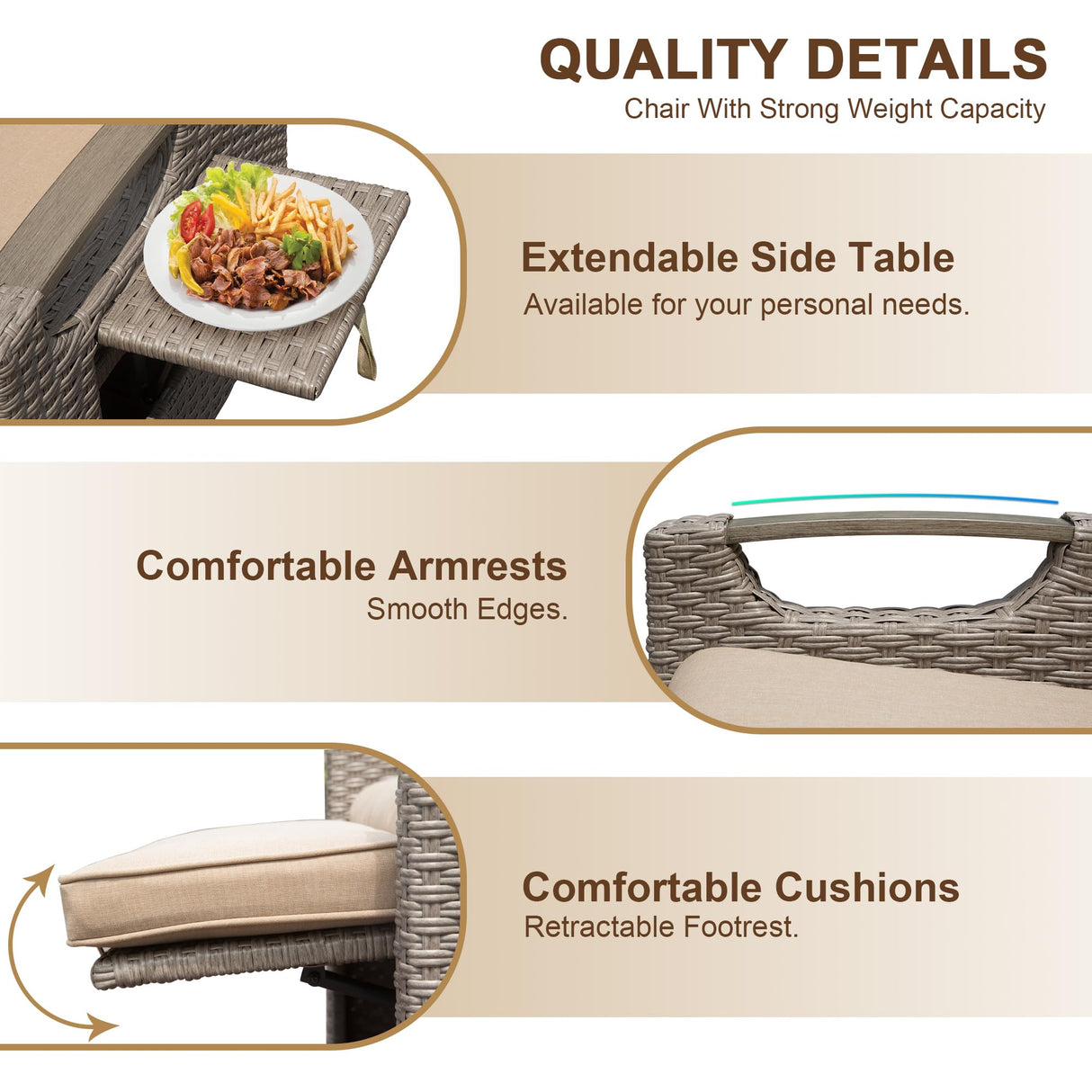 Domi Outdoor Recliner Chair, Patio Recliner with Hand-Woven Wicker, Flip Table Push Back, Adjustable Angle, Thickness Cushions, Reclining Lounge Chair for Indoor & Outdoor Use, Beige domi outdoor living