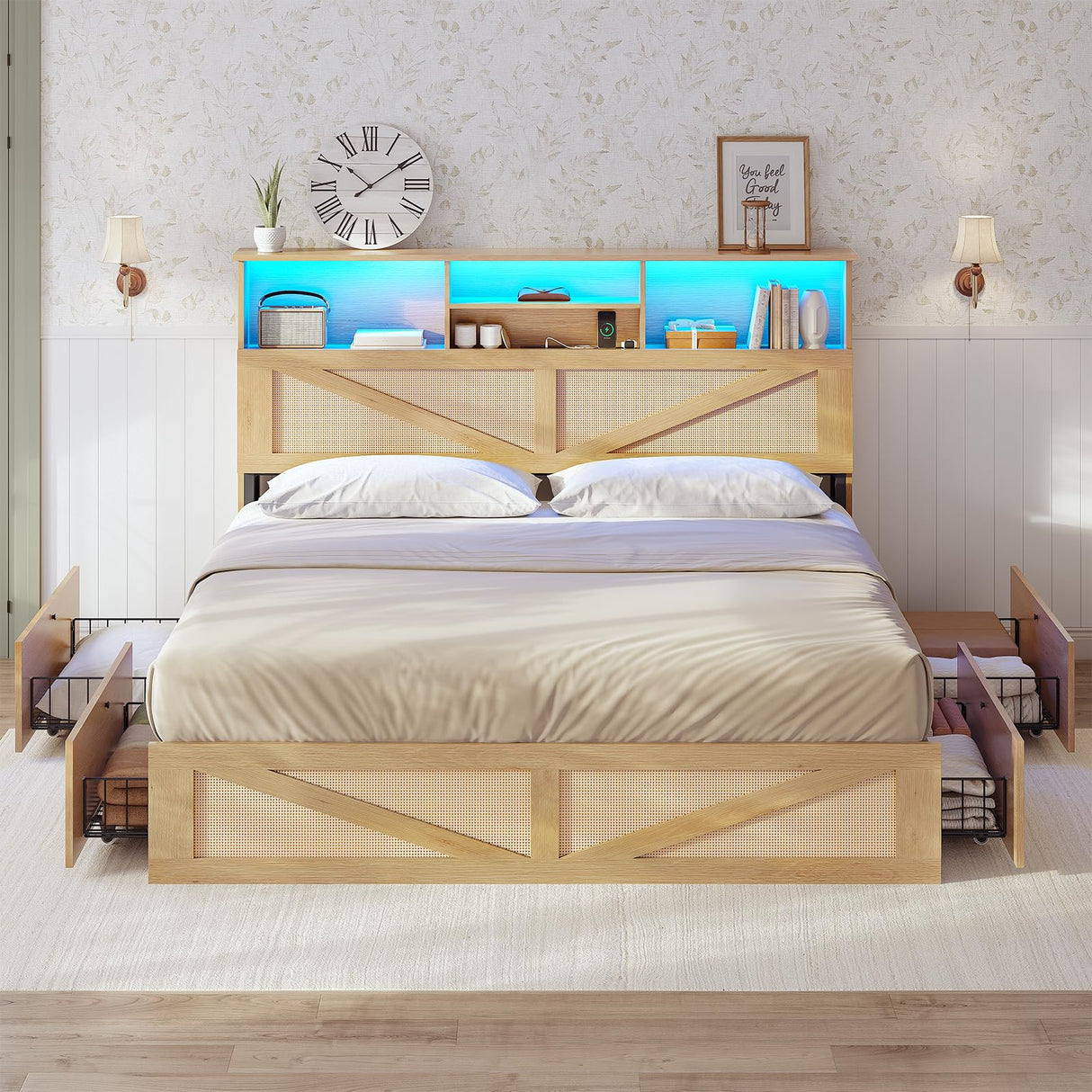 AOGLLATI Full Size Bed Frame with 4 Storage Drawers and 2-Tier Bookcase Hidden Headboard, Rattan Led Bed Frame Full Size with Charging Station, No Box Spring Needed, Wood AOGLLATI