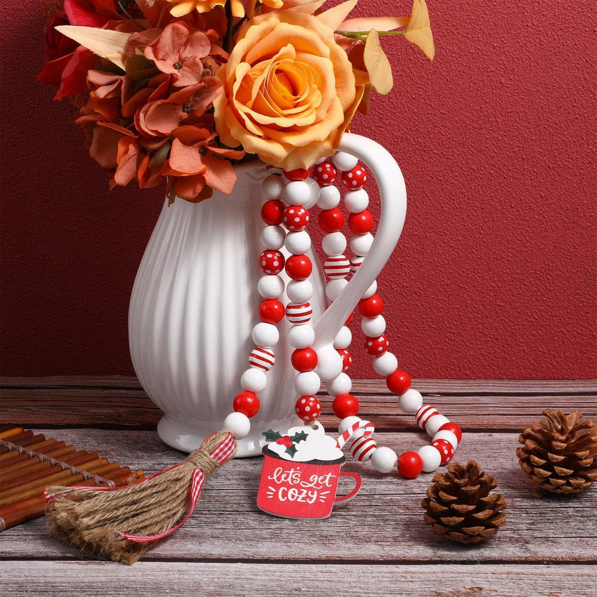 IMIKEYA Wooden Beads Garland: Farmhouse Wood Bead Garland for Tiered Tray Christmas Hanging Pendant Wood Bead Pendant Boho Wooden Garland Modern Farmhouse Decor IMIKEYA