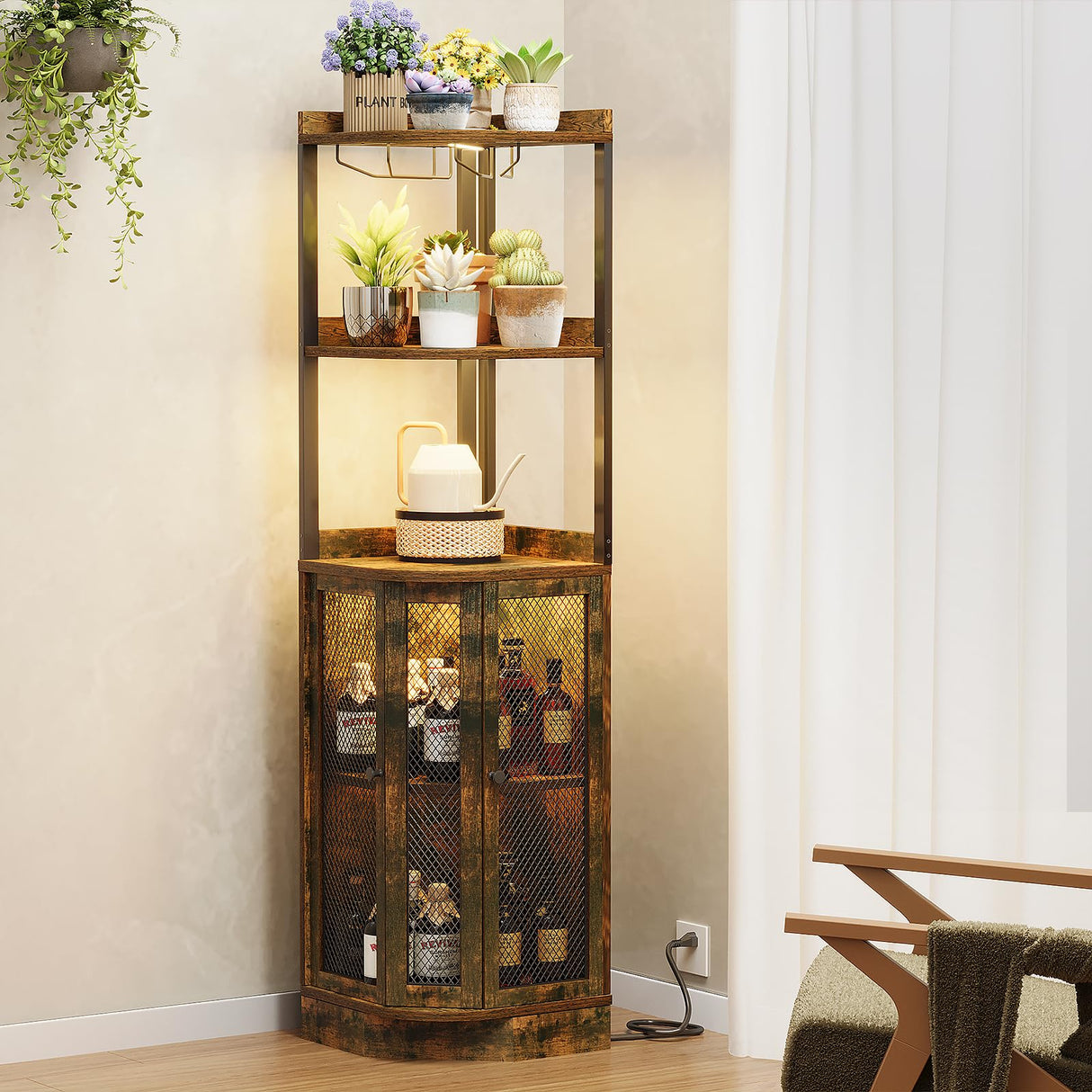 EOYUTLLY Corner Bar Cabinet With Power Outlet and LED Strip, 65" H 5-Tier Liquor Wine Display for Home, Storage Solution for Living Room, Kitchen, Home Bar, Brown EOYUTLLY